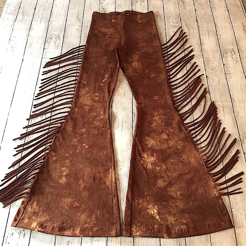 REGULAR LENGTH High Waisted Fringe Bell Bottoms GOLDEN BROWN TIE DYE XS S M L XL - Picture 11 of 11
